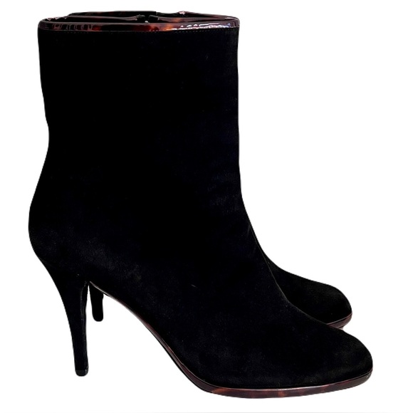 Stuart Weitzman ‘Lithe’ Black Suede Patent Tortoise Trim Heeled Boots Size 8.5